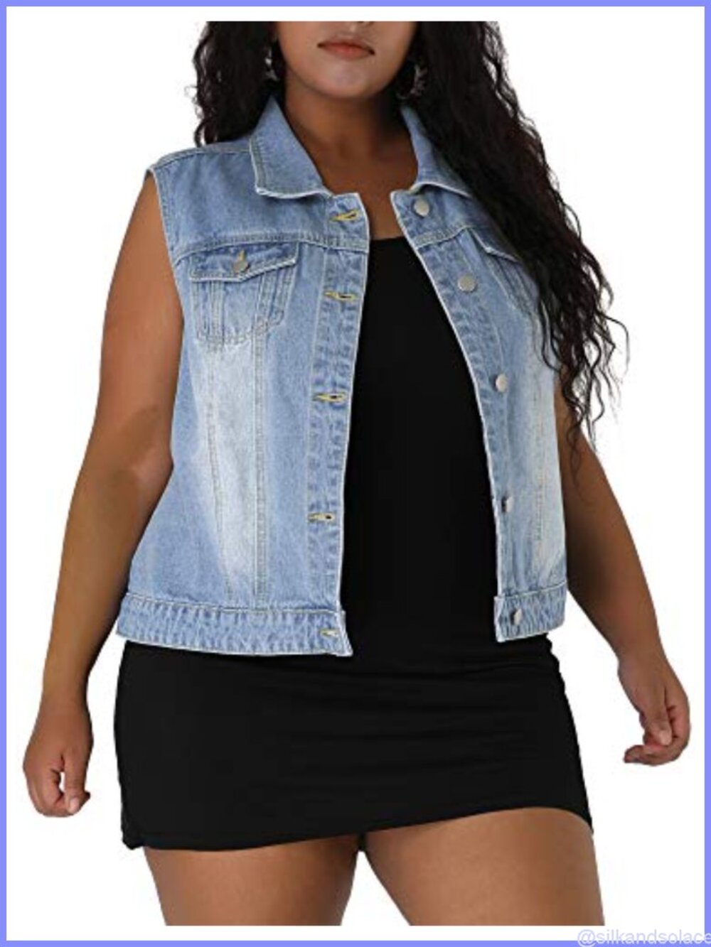 Plus Size Sleeveless Denim Vest Cropped Jean Jacket Two Flap Pockets Regular Fit